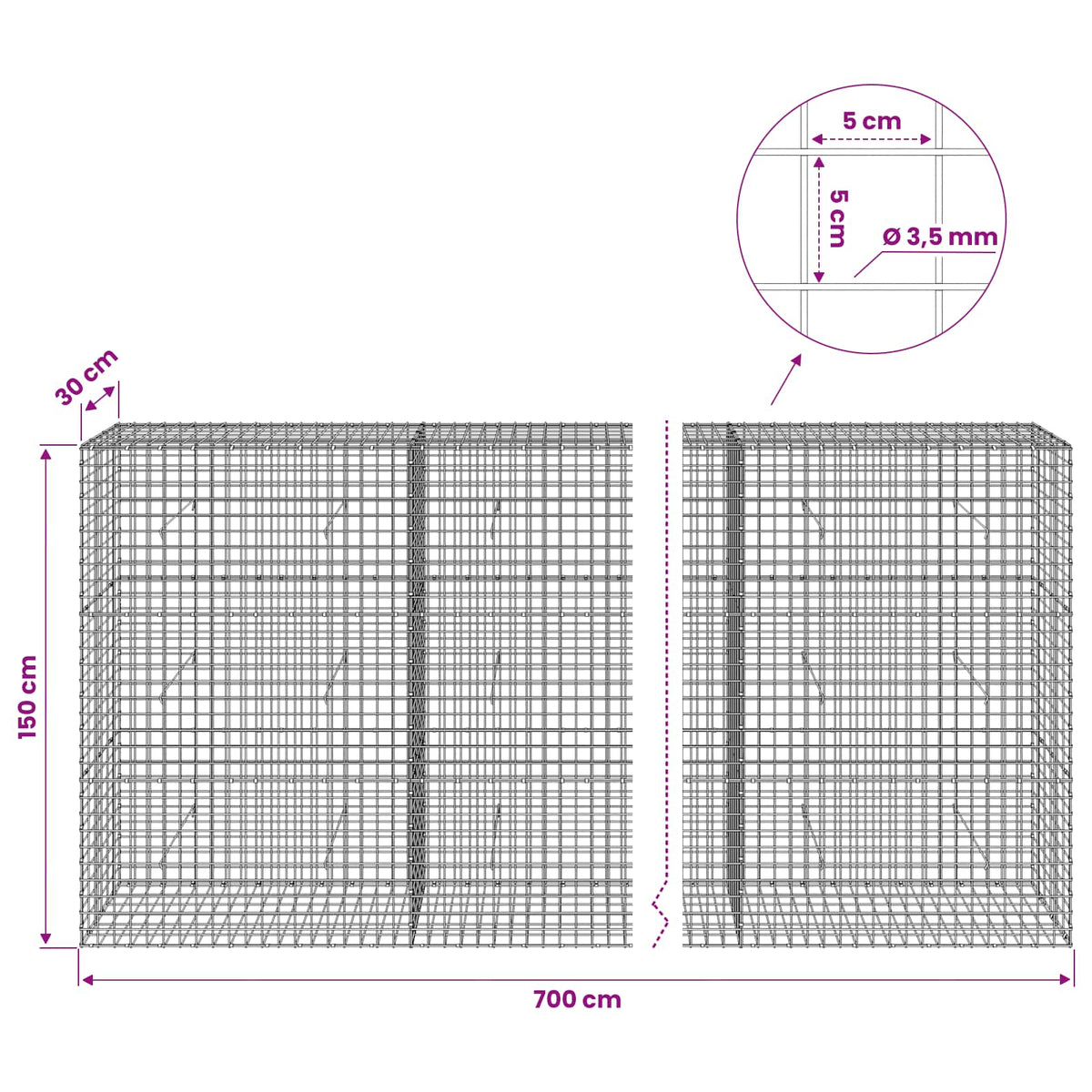 vidaXL Gabion with 3.5 mm Wire and 5x5 cm Mesh 700x30x150 cm 6