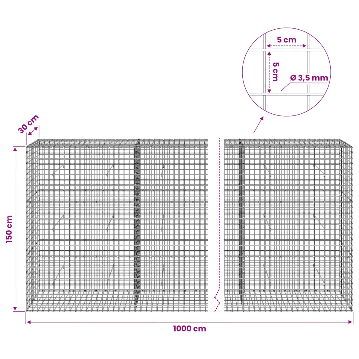 vidaXL Gabion with 3.5 mm Wire and 5x5 cm Mesh 1000x30x150 cm 6