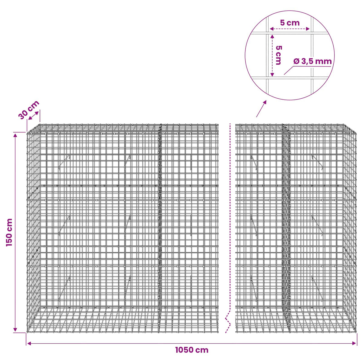 vidaXL Gabion with 3.5 mm Wire and 5x5 cm Mesh 1050x30x150 cm 6