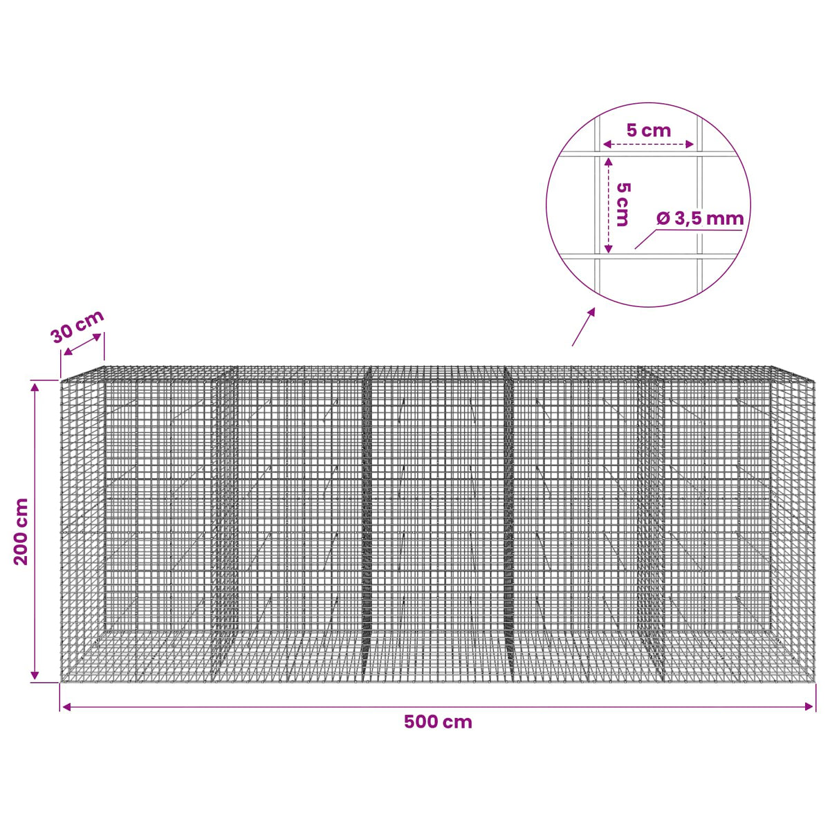 vidaXL Gabion with 3.5 mm Wire and 5x5 cm Mesh 500x30x200 cm 6