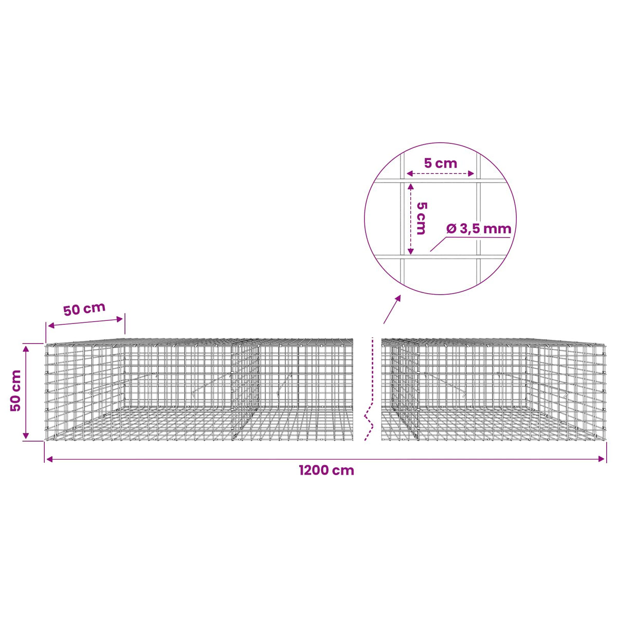 vidaXL Gabion with 3.5 mm Wire and 5x5 cm Mesh 1200x50x50 cm 6