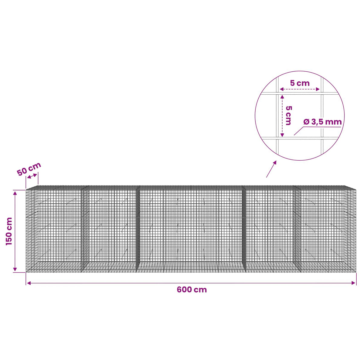 vidaXL Gabion with 3.5 mm Wire and 5x5 cm Mesh 600x50x150 cm 6