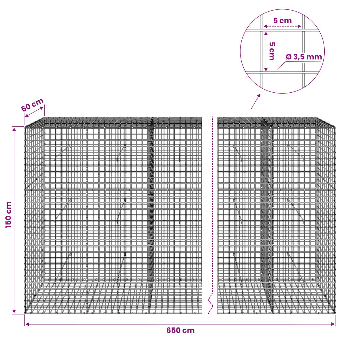 vidaXL Gabion with 3.5 mm Wire and 5x5 cm Mesh 650x50x150 cm 6