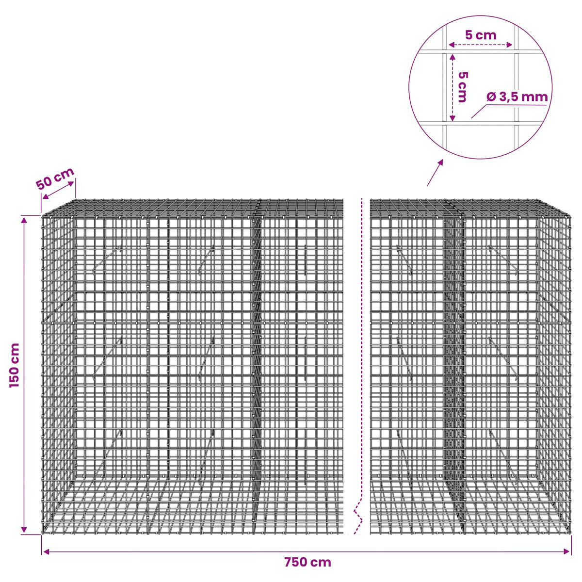 vidaXL Gabion with 3.5 mm Wire and 5x5 cm Mesh 750x50x150 cm 6
