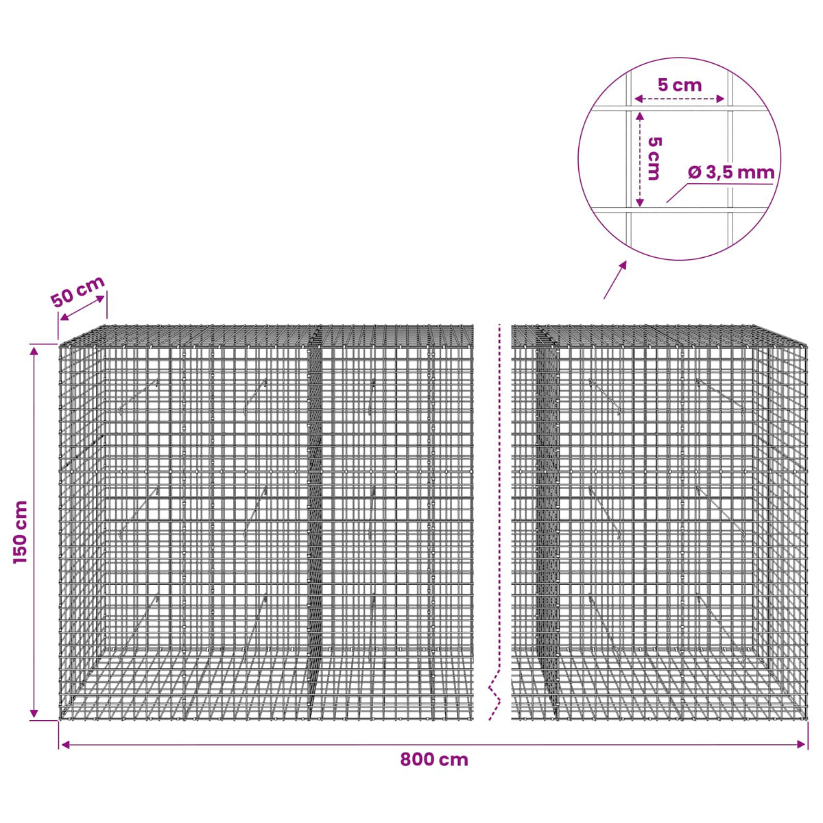 vidaXL Gabion with 3.5 mm Wire and 5x5 cm Mesh 800x50x150 cm 6