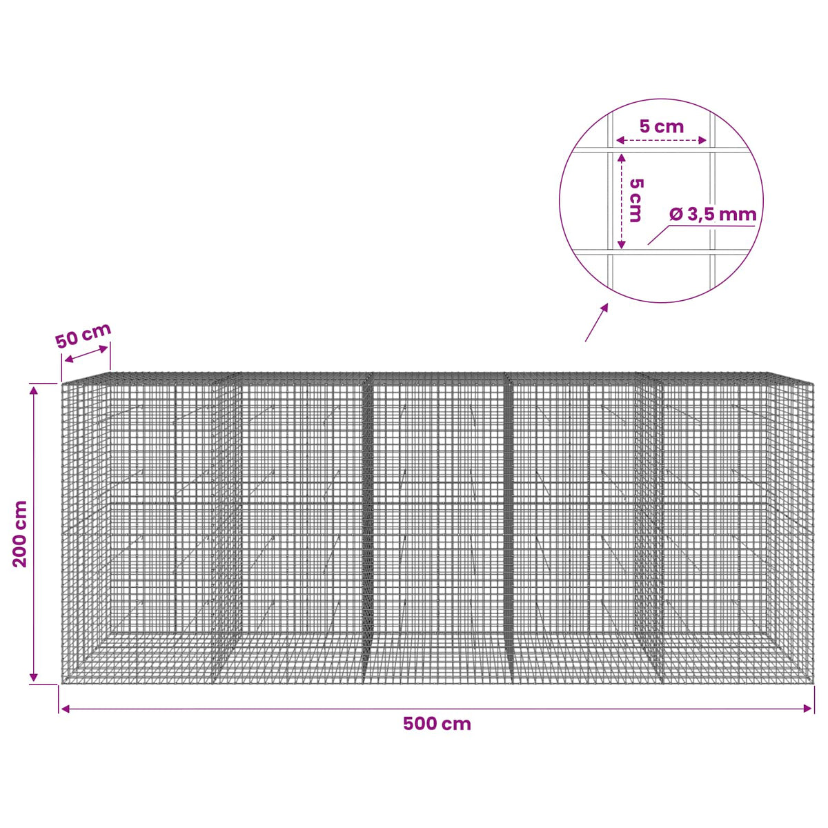 vidaXL Gabion with 3.5 mm Wire and 5x5 cm Mesh 500x50x200 cm 6