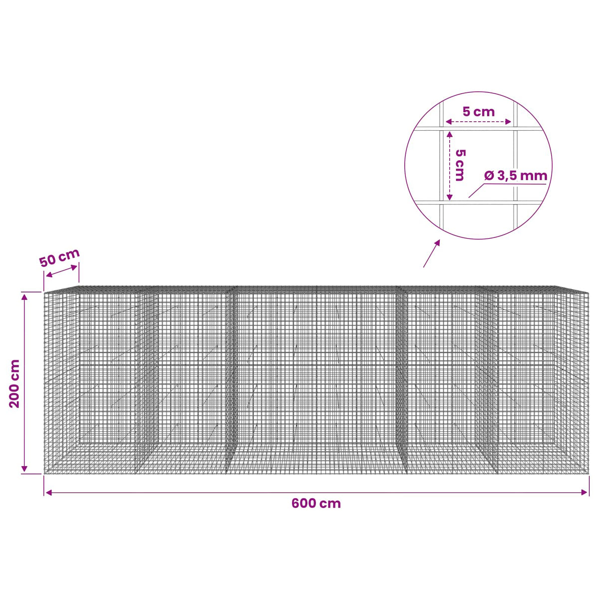 vidaXL Gabion with 3.5 mm Wire and 5x5 cm Mesh 600x50x200 cm 6