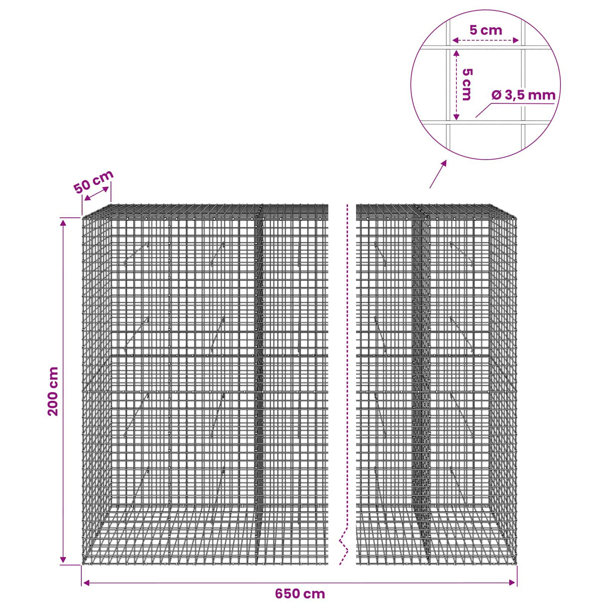 vidaXL Gabion with 3.5 mm Wire and 5x5 cm Mesh 650x50x200 cm 6