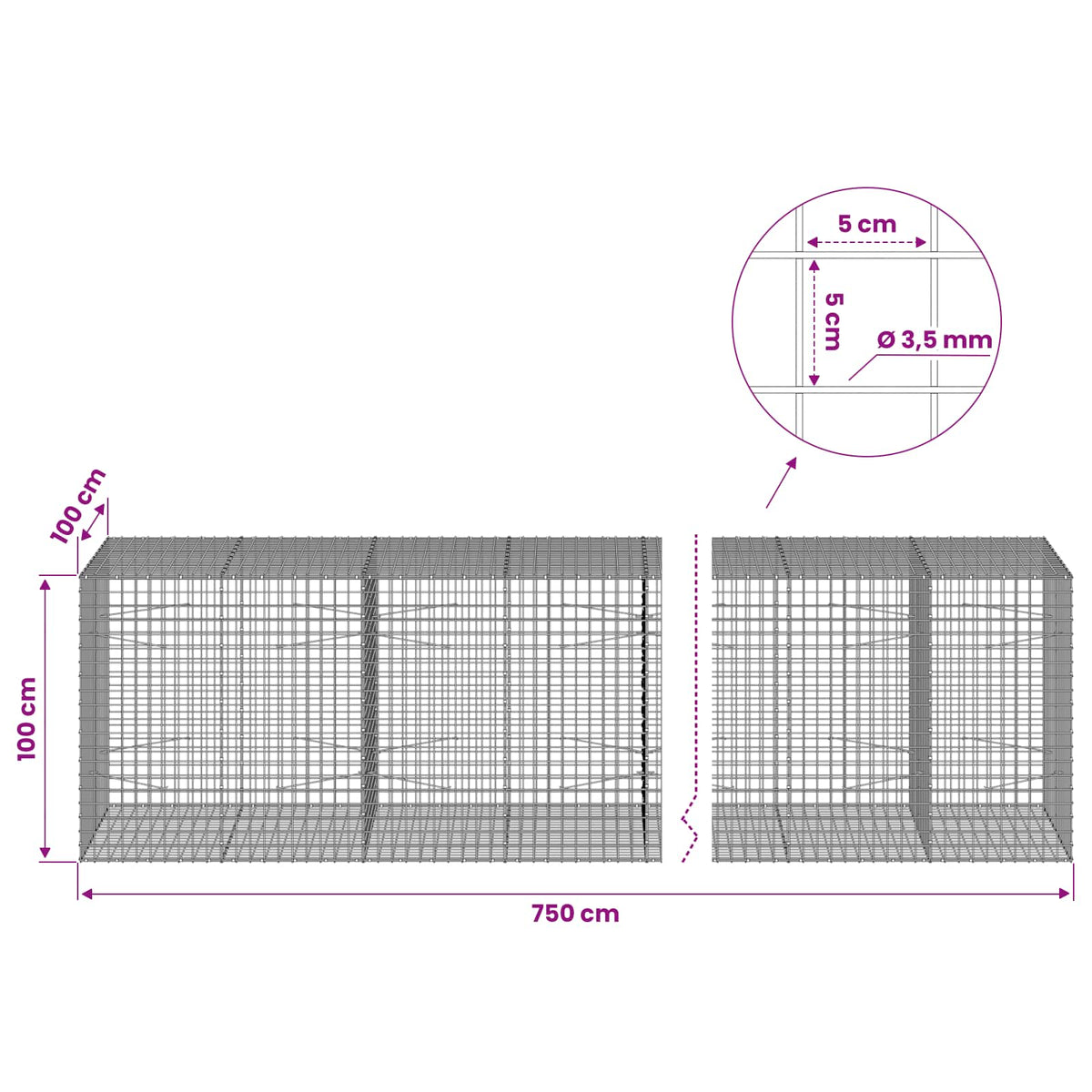 vidaXL Gabion with 3.5 mm Wire and 5x5 cm Mesh 750x100x100 cm 6