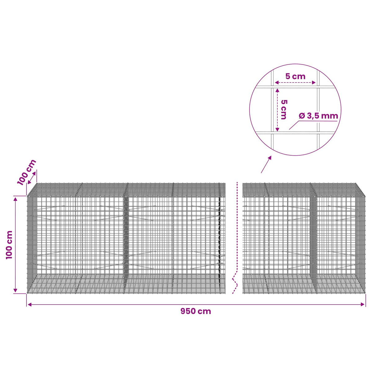 vidaXL Gabion with 3.5 mm Wire and 5x5 cm Mesh 950x100x100 cm 6
