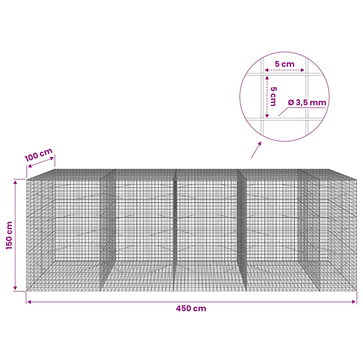 vidaXL Gabion with 3.5 mm Wire and 5x5 cm Mesh 450x100x150 cm 6