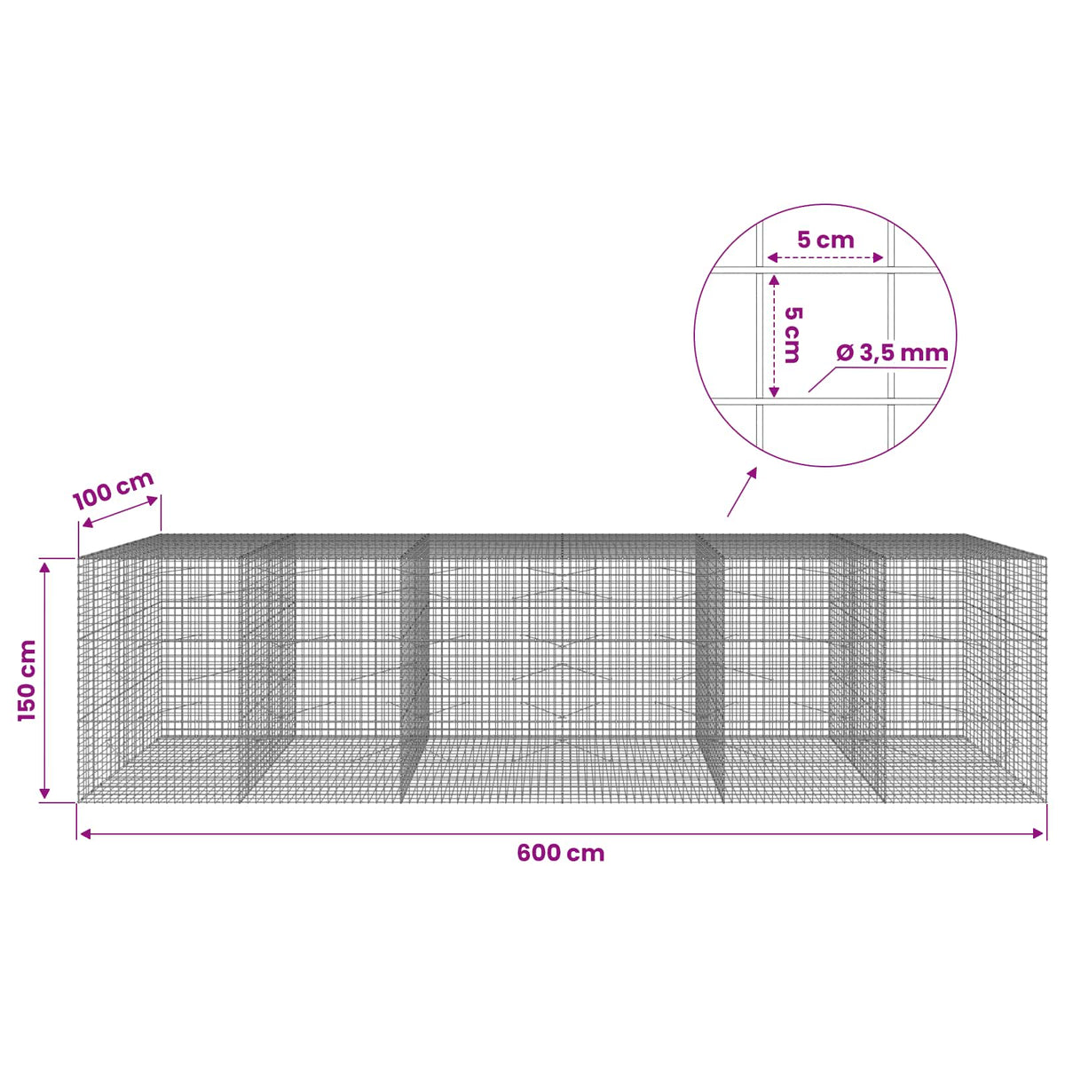 vidaXL Gabion with 3.5 mm Wire and 5x5 cm Mesh 600x100x150 cm 6