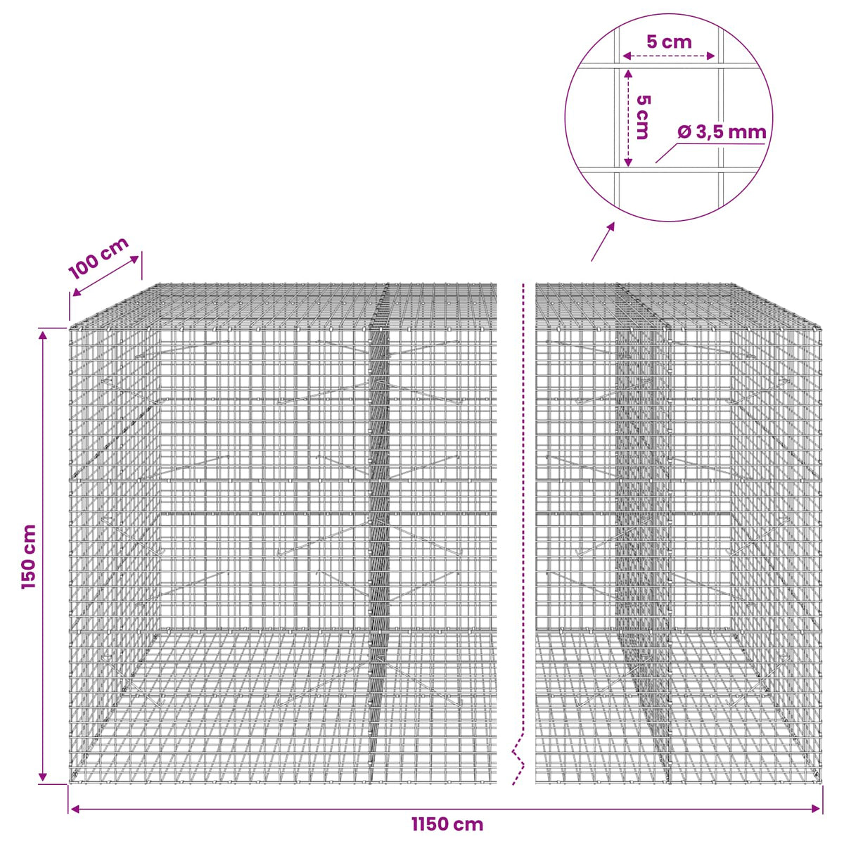 vidaXL Gabion with 3.5 mm Wire and 5x5 cm Mesh 1150x100x150 cm 6