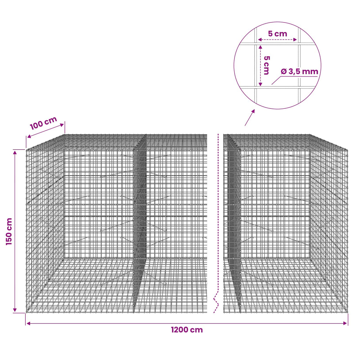 vidaXL Gabion with 3.5 mm Wire and 5x5 cm Mesh 1200x100x150 cm 6