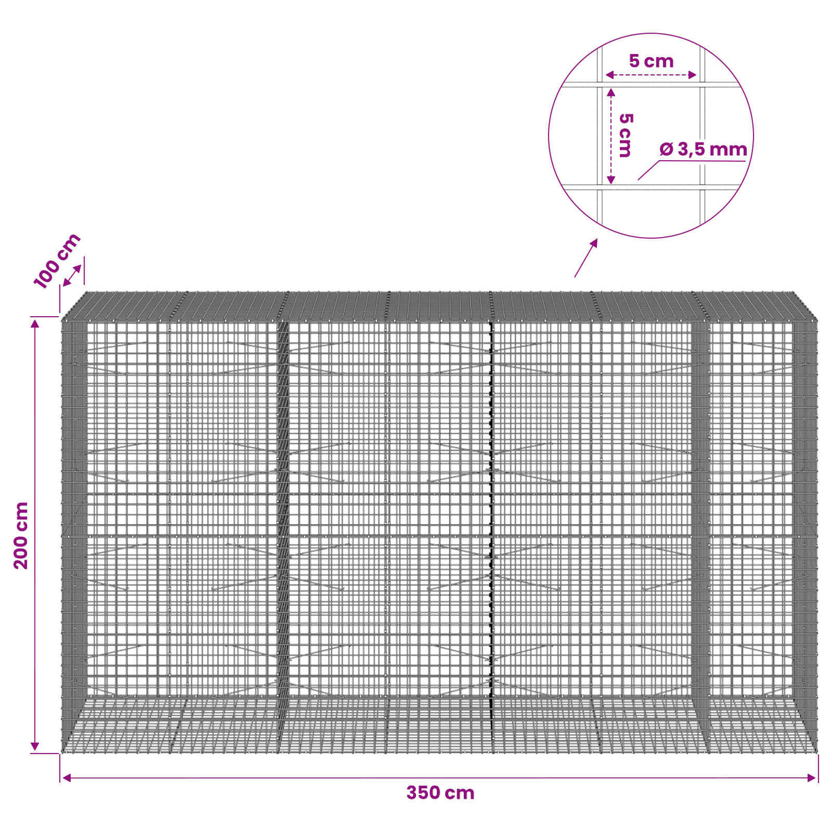 vidaXL Gabion with 3.5 mm Wire and 5x5 cm Mesh 350x100x200 cm 6