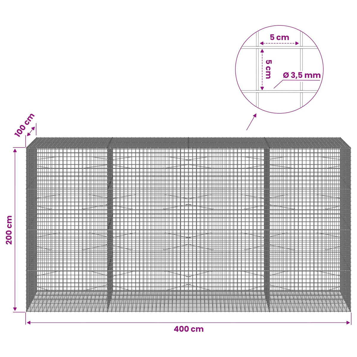 vidaXL Gabion with 3.5 mm Wire and 5x5 cm Mesh 400x100x200 cm 6
