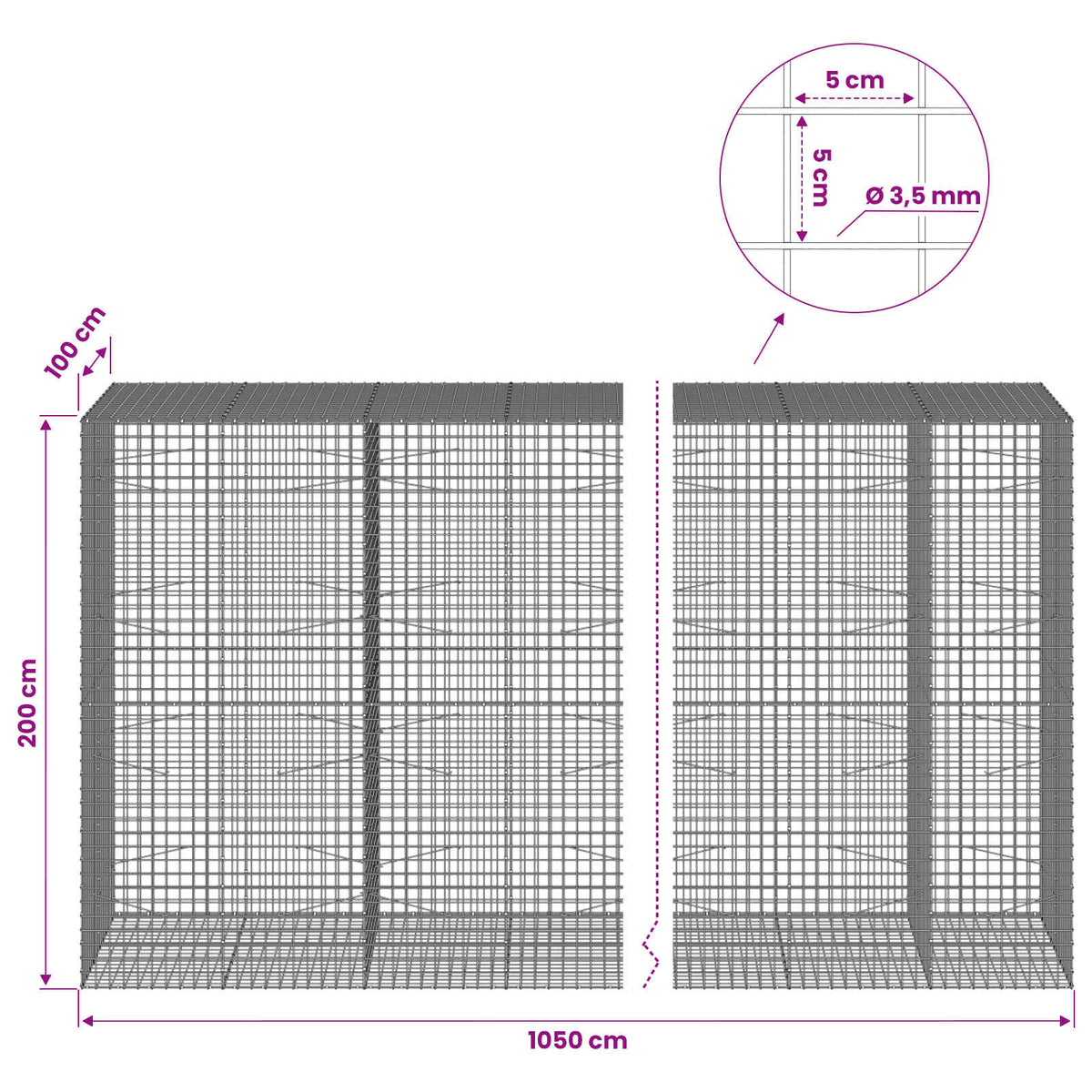 vidaXL Gabion with 3.5 mm Wire and 5x5 cm Mesh 1050x100x200 cm 6