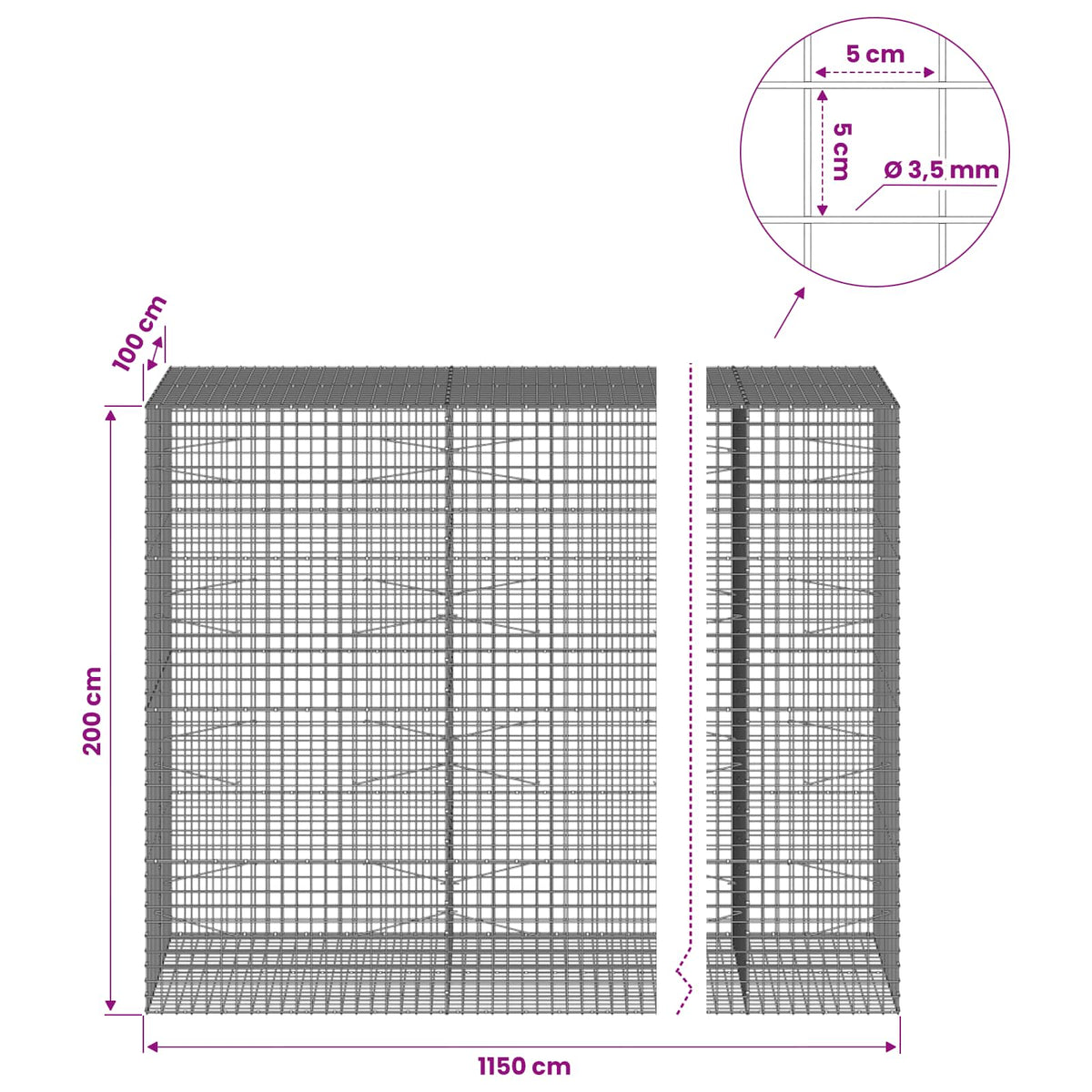 vidaXL Gabion with 3.5 mm Wire and 5x5 cm Mesh 1150x100x200 cm 6