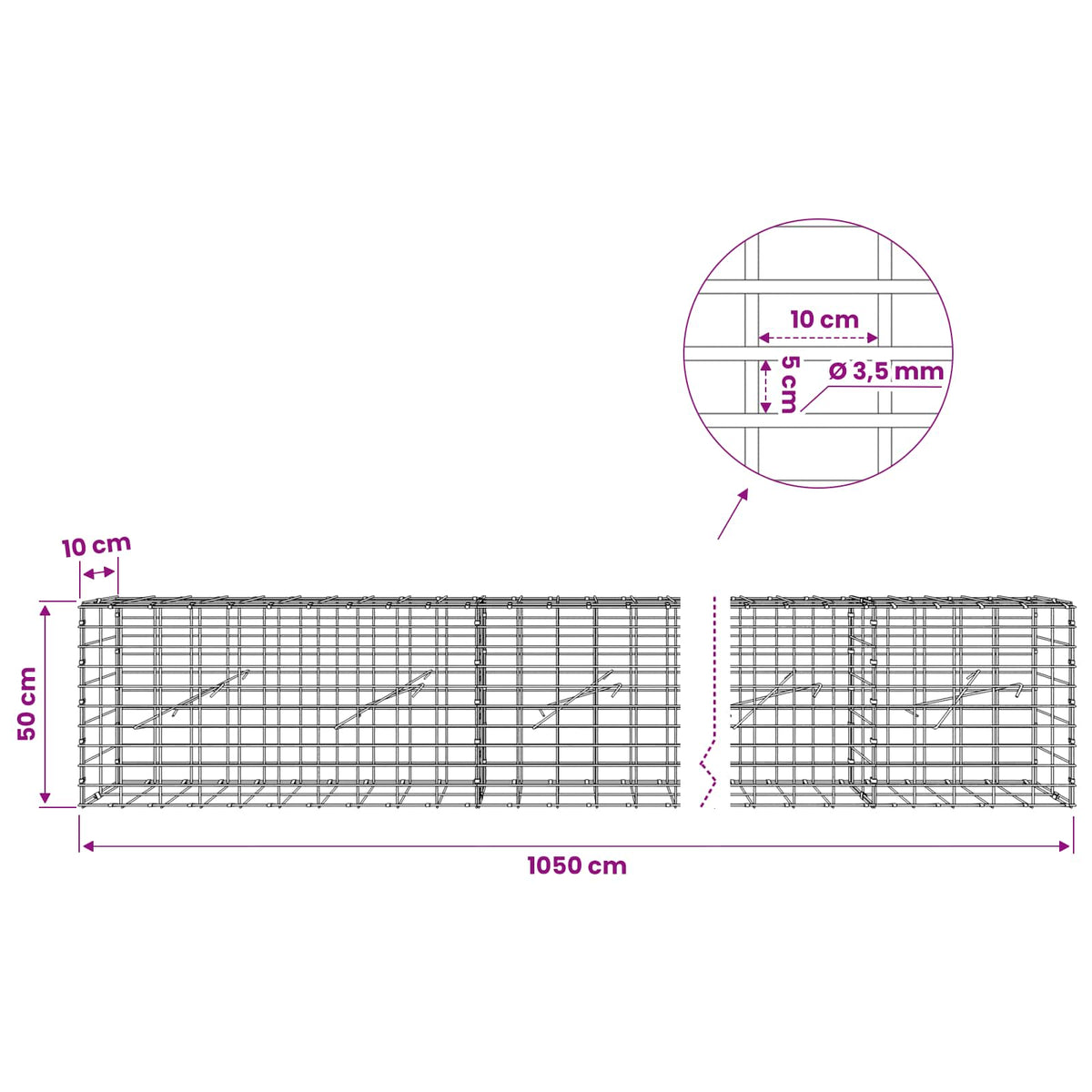Gabion with 3.5 mm Wire and 5x10 cm Mesh 1050x10x50 cm 1050 cm