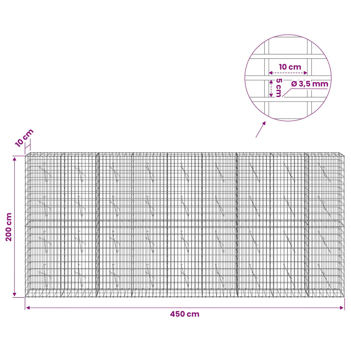vidaXL Gabion with 3.5 mm Wire and 5x10 cm Mesh 450x10x200 cm 6