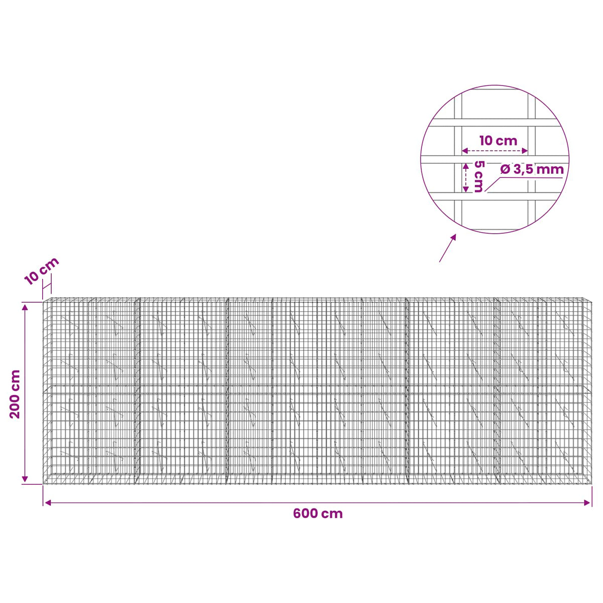 vidaXL Gabion with 3.5 mm Wire and 5x10 cm Mesh 600x10x200 cm 6