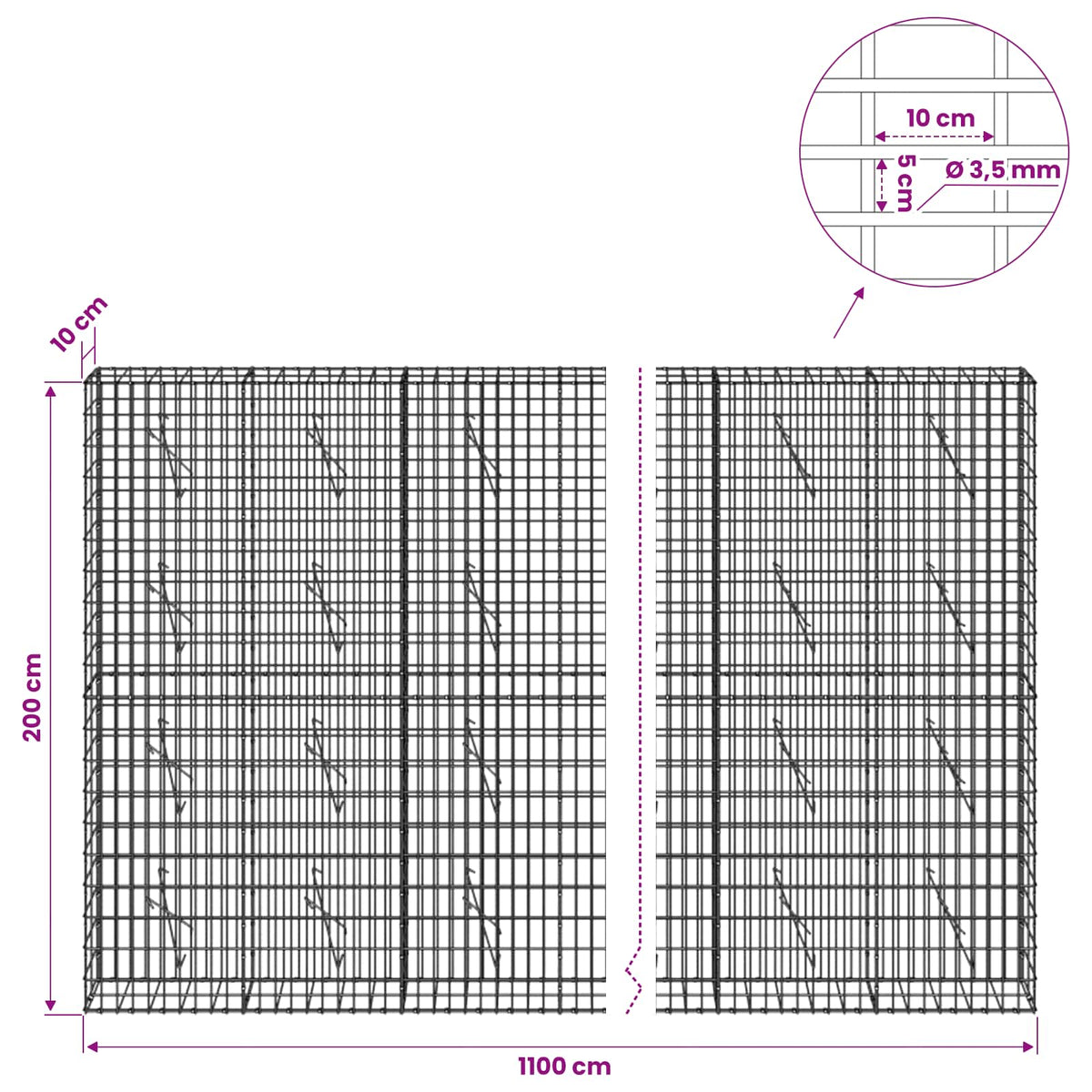vidaXL Gabion with 3.5 mm Wire and 5x10 cm Mesh 1100x10x200 cm 6