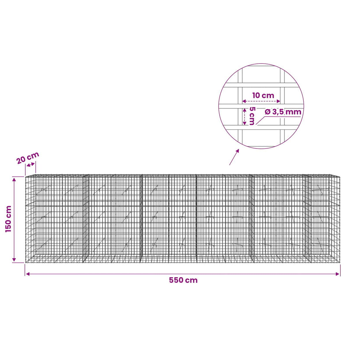 vidaXL Gabion with 3.5 mm Wire and 5x10 cm Mesh 550x20x150 cm 6