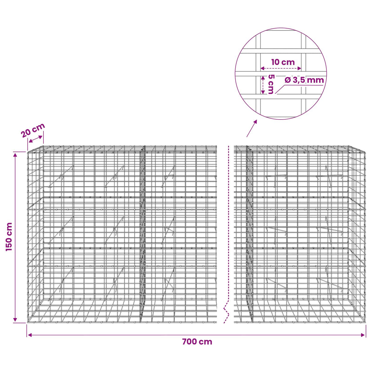 vidaXL Gabion with 3.5 mm Wire and 5x10 cm Mesh 700x20x150 cm 6