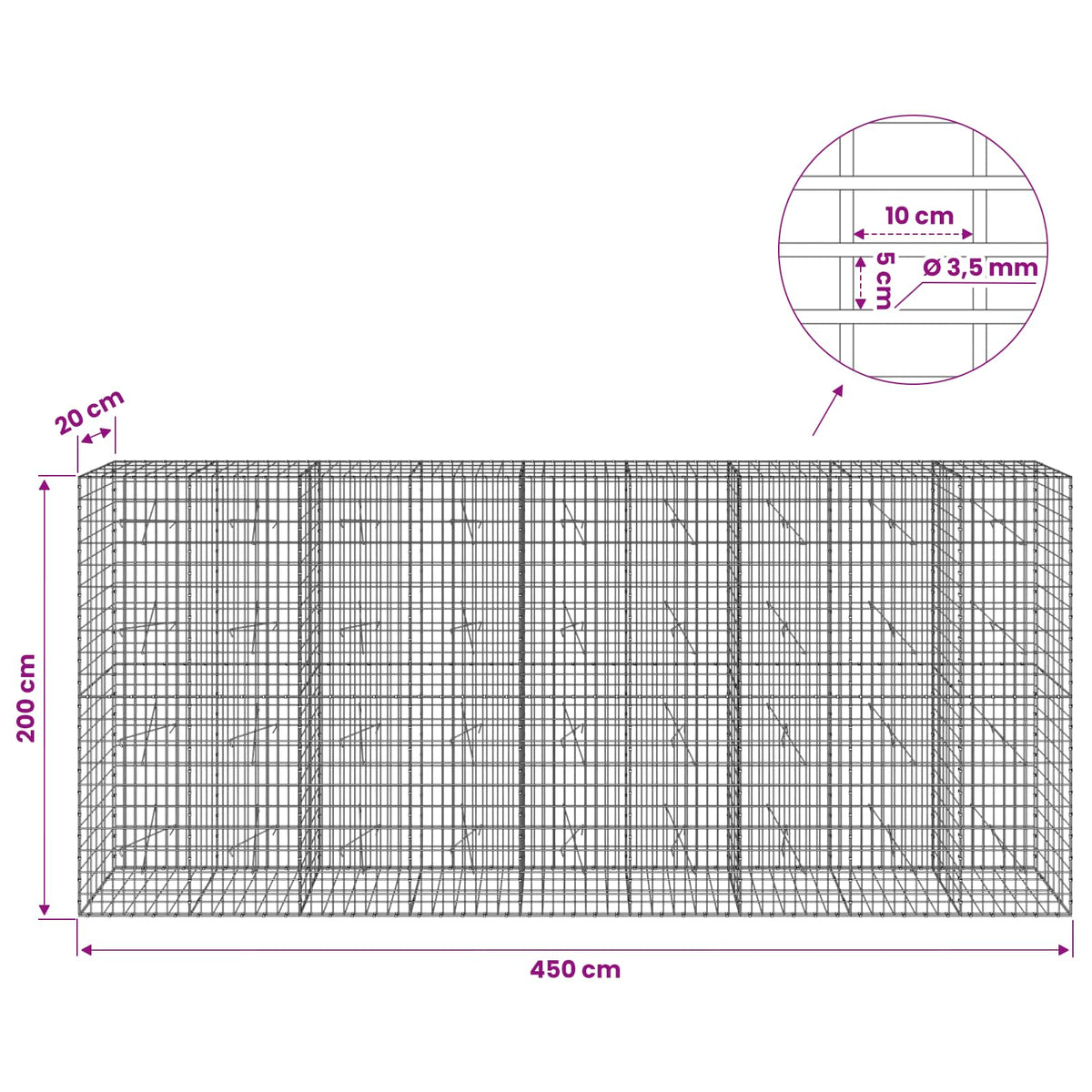 vidaXL Gabion with 3.5 mm Wire and 5x10 cm Mesh 450x20x200 cm 6