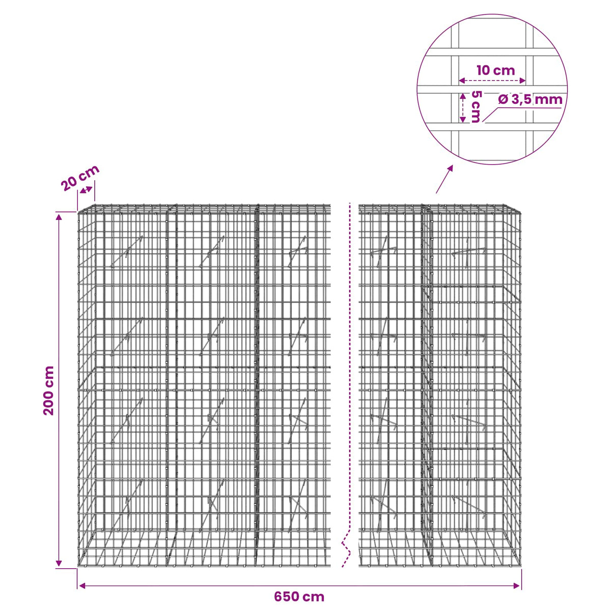 vidaXL Gabion with 3.5 mm Wire and 5x10 cm Mesh 650x20x200 cm 6