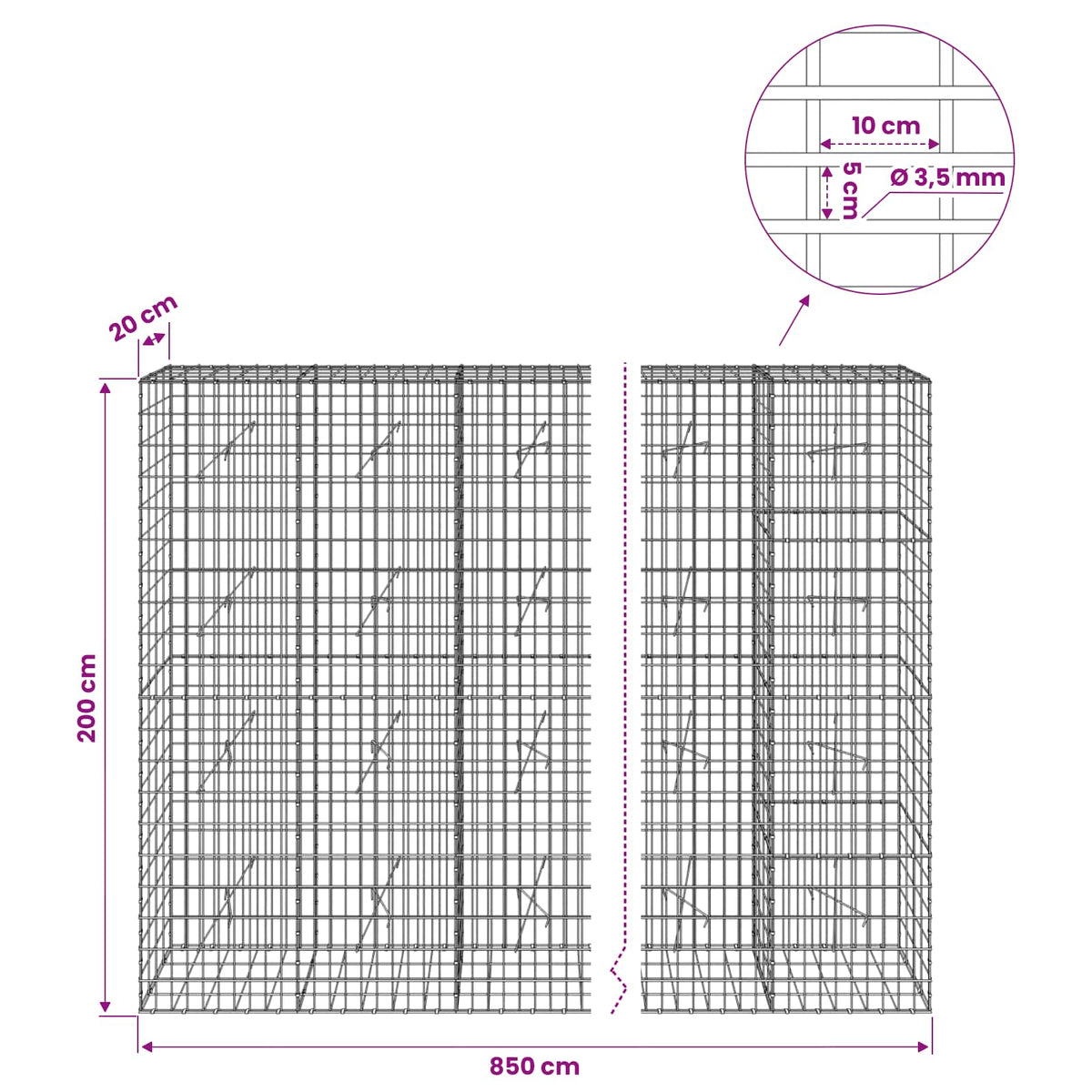 vidaXL Gabion with 3.5 mm Wire and 5x10 cm Mesh 850x20x200 cm 6