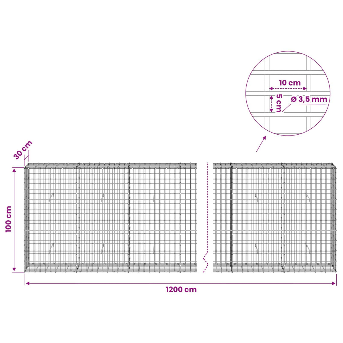 vidaXL Gabion with 3.5 mm Wire and 5x10 cm Mesh 1200x30x100 cm 6