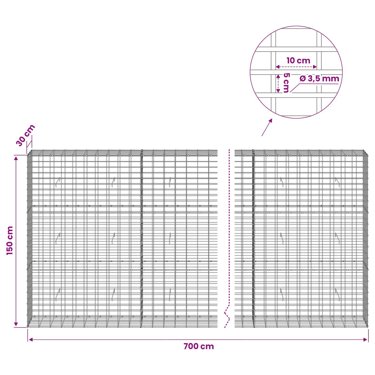 vidaXL Gabion with 3.5 mm Wire and 5x10 cm Mesh 700x30x150 cm 6