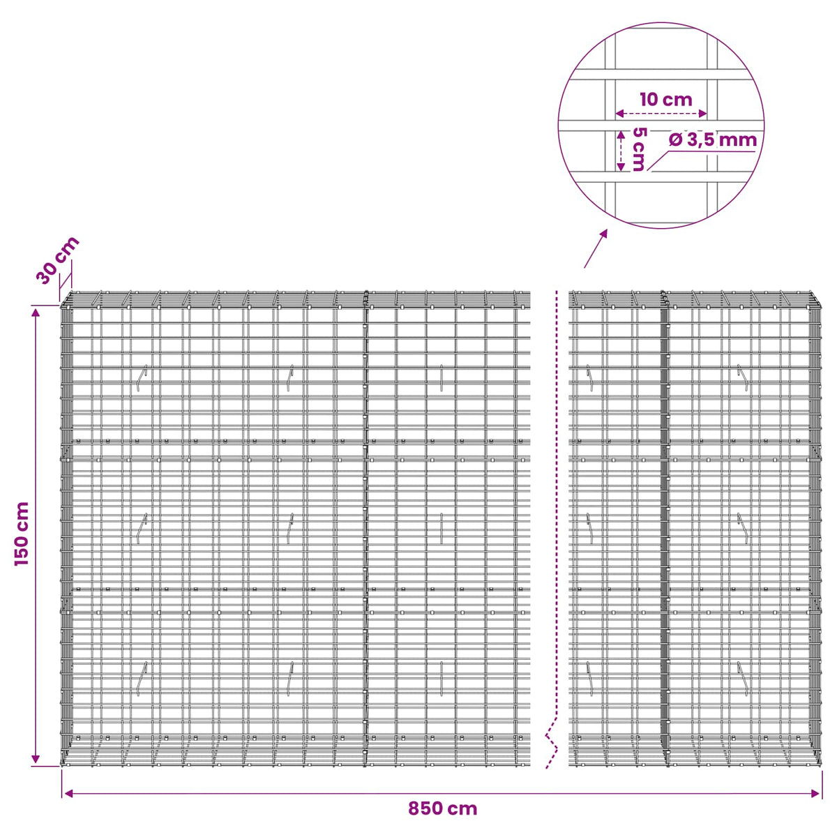 vidaXL Gabion with 3.5 mm Wire and 5x10 cm Mesh 850x30x150 cm 6