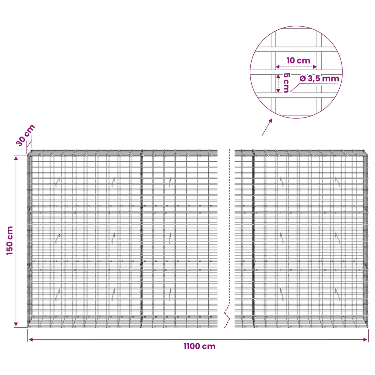 vidaXL Gabion with 3.5 mm Wire and 5x10 cm Mesh 1100x30x150 cm 6