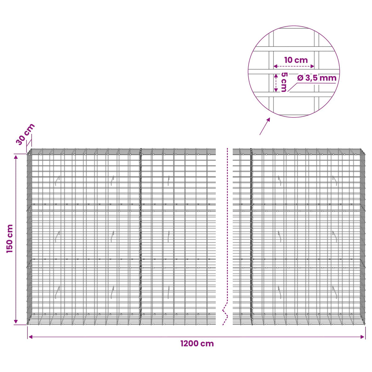 vidaXL Gabion with 3.5 mm Wire and 5x10 cm Mesh 1200x30x150 cm 6