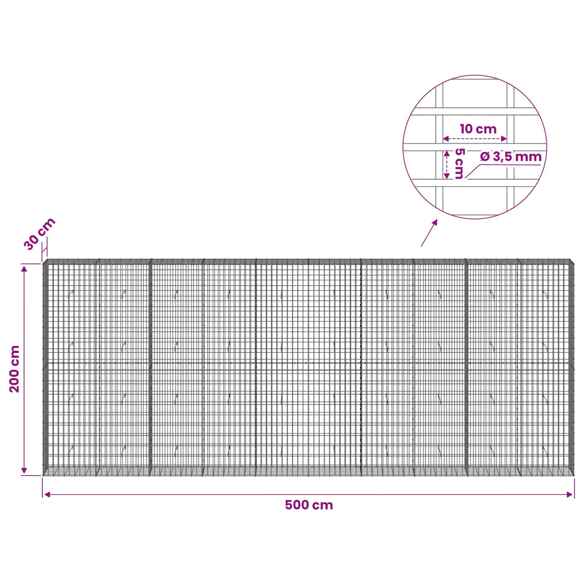 vidaXL Gabion with 3.5 mm Wire and 5x10 cm Mesh 500x30x200 cm 6