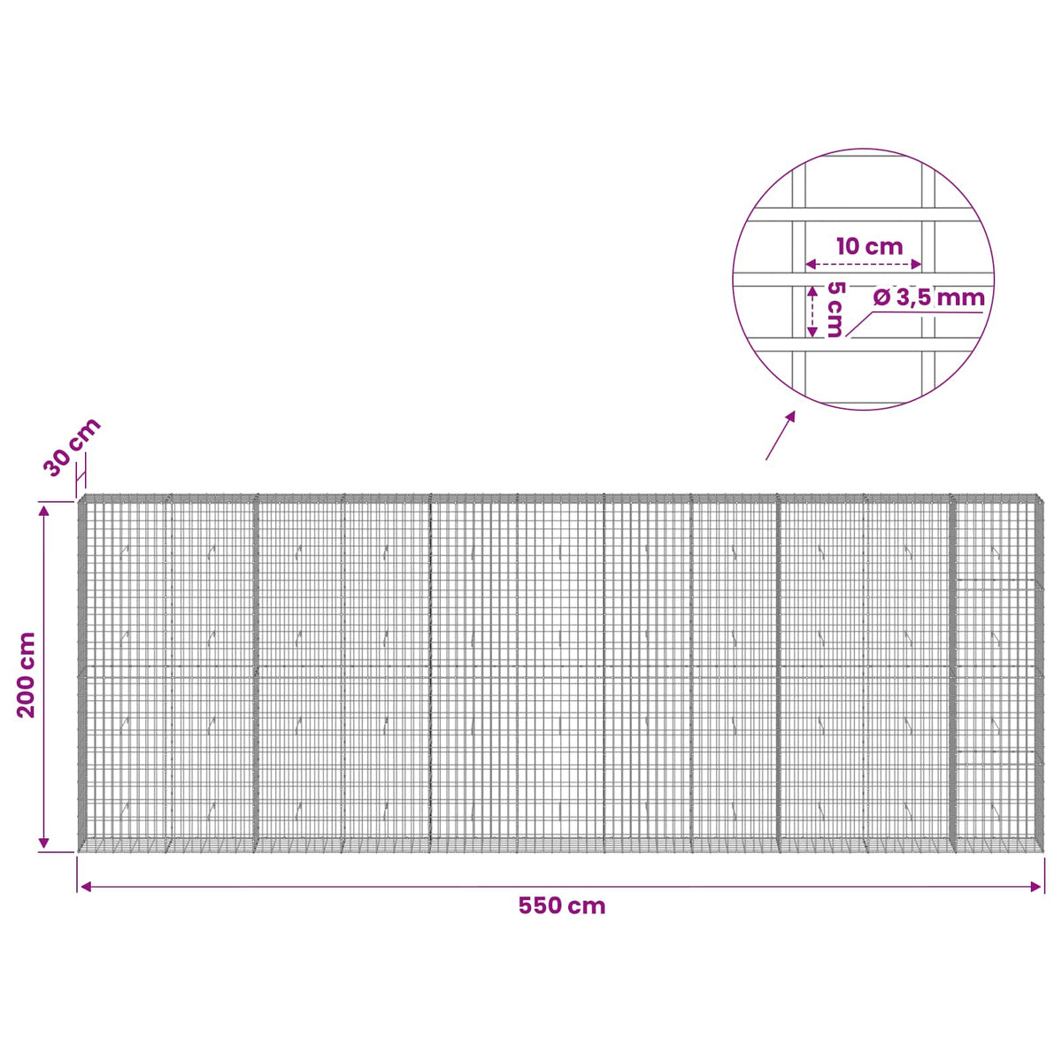vidaXL Gabion with 3.5 mm Wire and 5x10 cm Mesh 550x30x200 cm 6