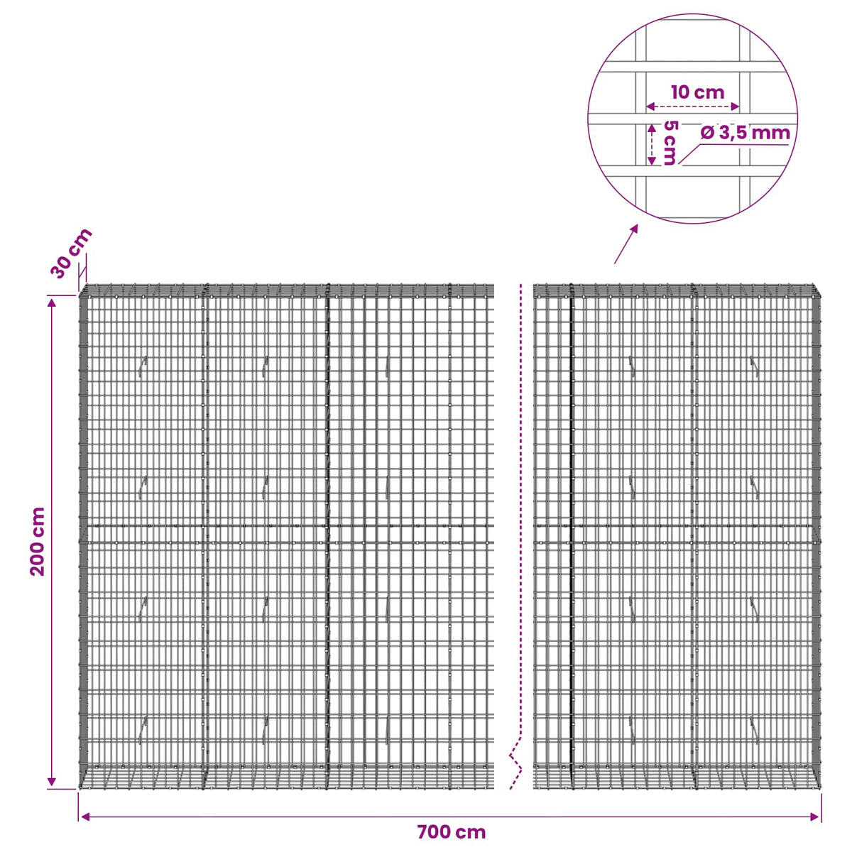 vidaXL Gabion with 3.5 mm Wire and 5x10 cm Mesh 700x30x200 cm 6