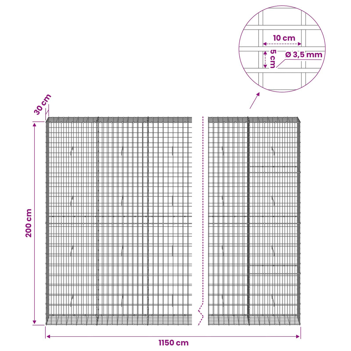 vidaXL Gabion with 3.5 mm Wire and 5x10 cm Mesh 1150x30x200 cm 6