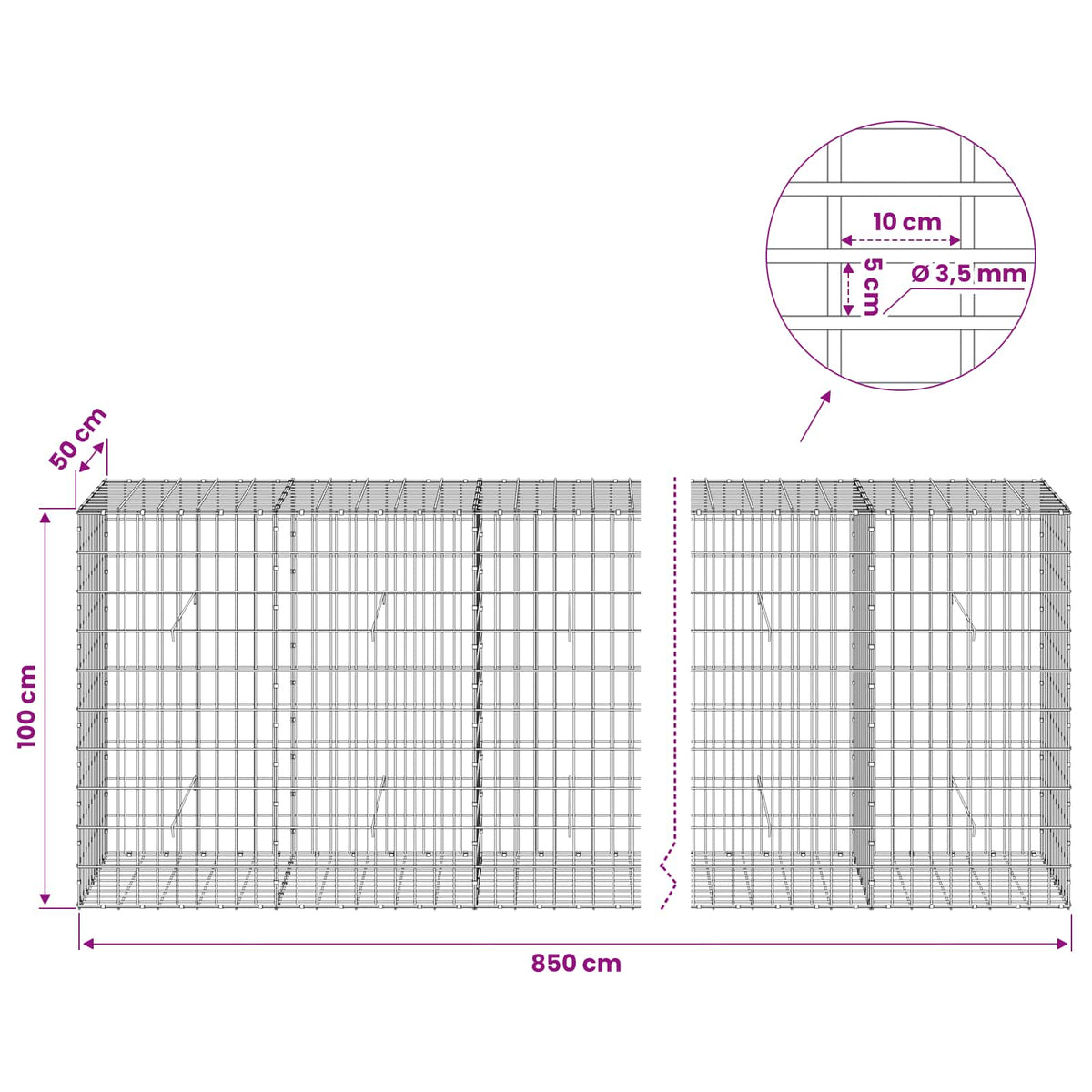 vidaXL Gabion with 3.5 mm Wire and 5x10 cm Mesh 850x50x100 cm 6