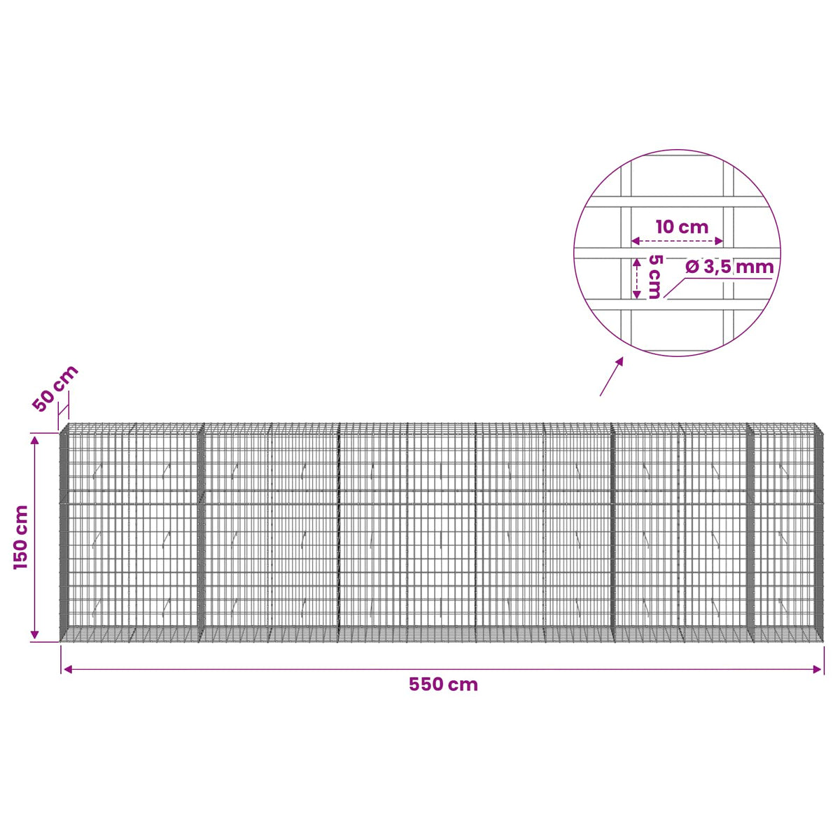 vidaXL Gabion with 3.5 mm Wire and 5x10 cm Mesh 550x50x150 cm 6