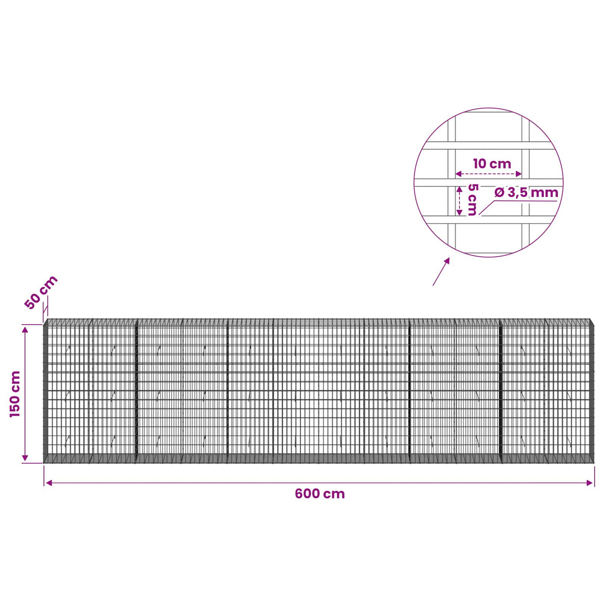 vidaXL Gabion with 3.5 mm Wire and 5x10 cm Mesh 600x50x150 cm 6