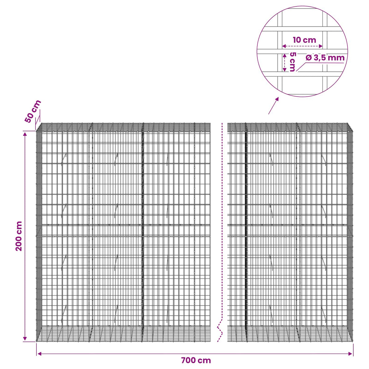 vidaXL Gabion with 3.5 mm Wire and 5x10 cm Mesh 700x50x200 cm 6