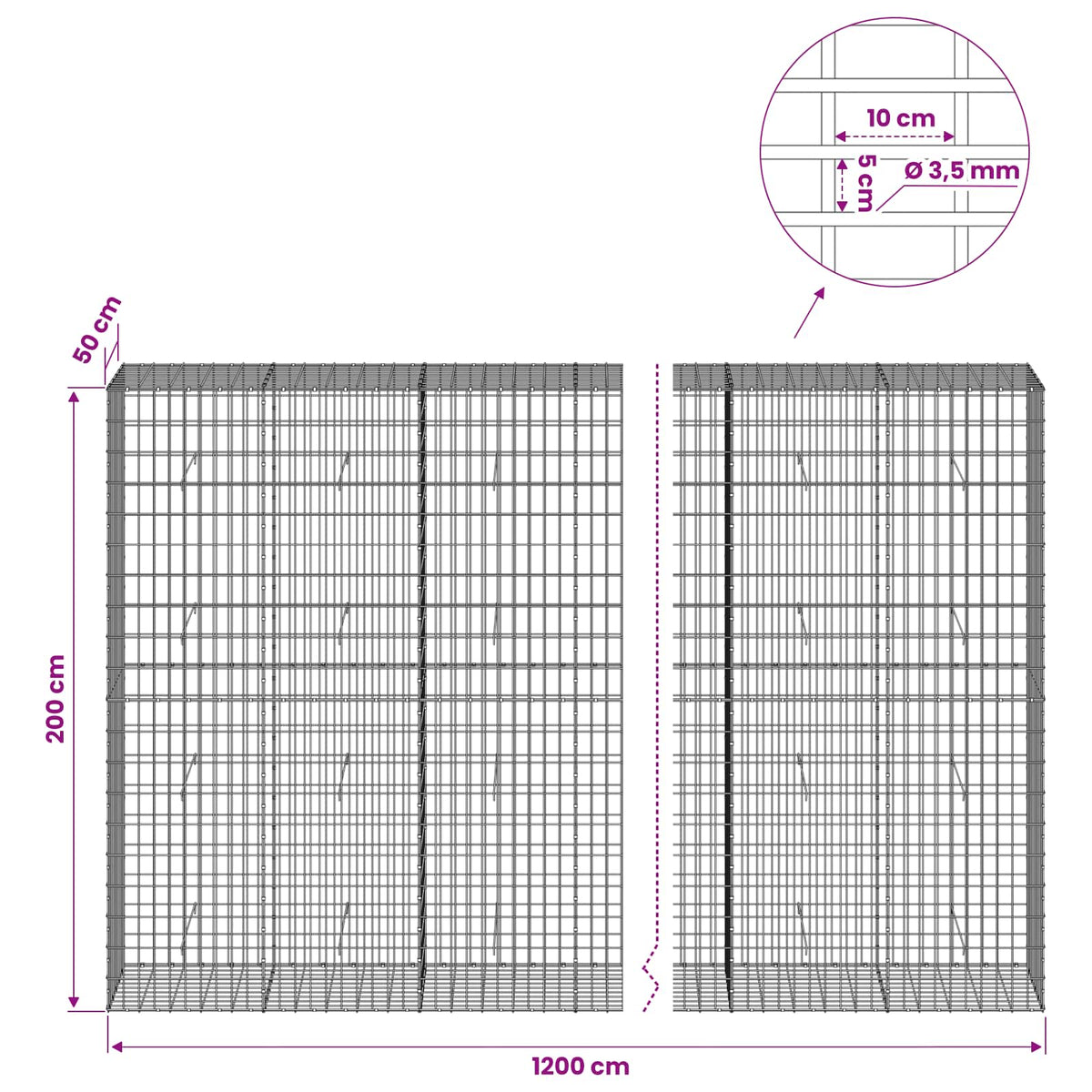 vidaXL Gabion with 3.5 mm Wire and 5x10 cm Mesh 1200x50x200 cm 6