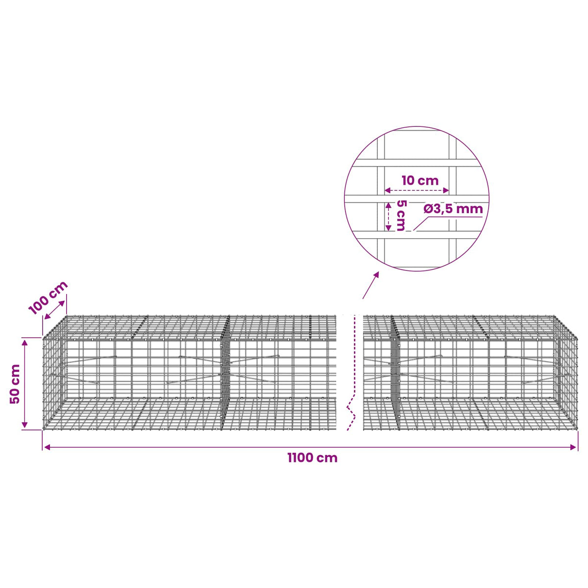 vidaXL Gabion with 3.5 mm Wire and 5x10 cm Mesh 1100x100x50 cm 6