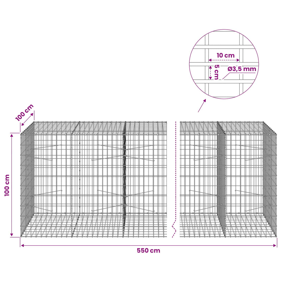 vidaXL Gabion with 3.5 mm Wire and 5x10 cm Mesh 550x100x100 cm 6