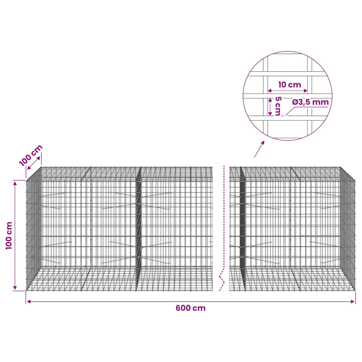 vidaXL Gabion with 3.5 mm Wire and 5x10 cm Mesh 600x100x100 cm 6
