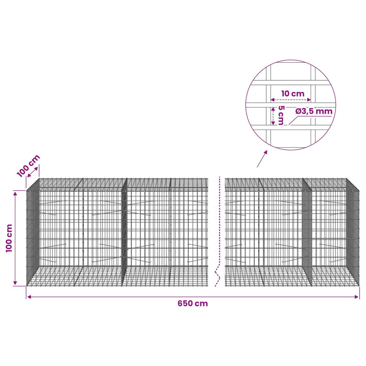 vidaXL Gabion with 3.5 mm Wire and 5x10 cm Mesh 650x100x100 cm 6