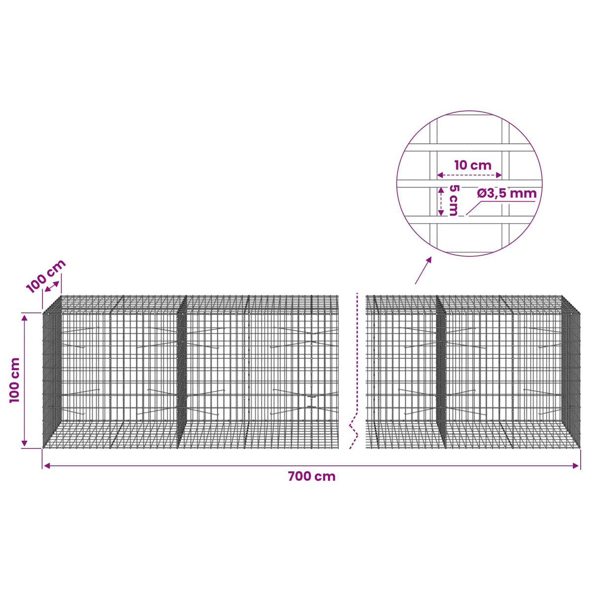 vidaXL Gabion with 3.5 mm Wire and 5x10 cm Mesh 700x100x100 cm 6